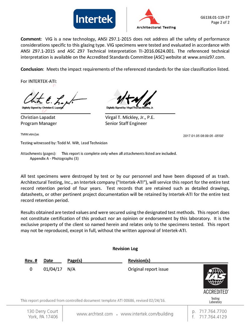 Vacuum glass ATI Test Report