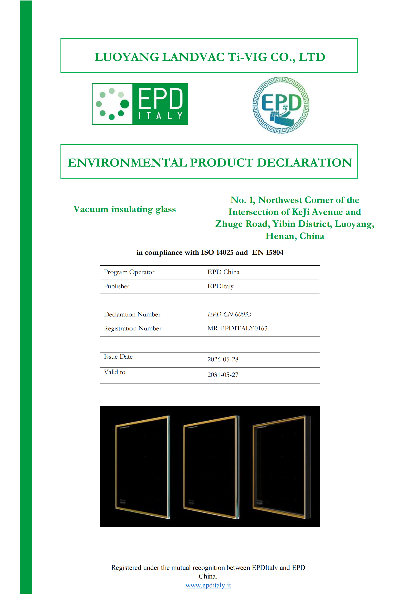 LandVac Titanium Vacuum Glass China-EU Dual EPD Certification