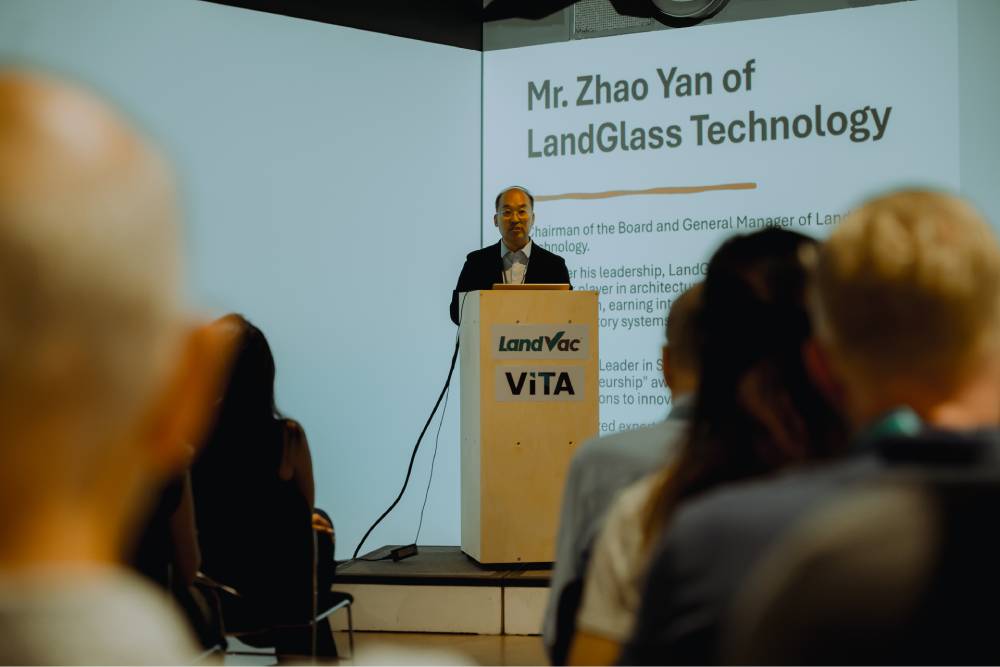 landvac-chairman-zhao-yan-at-building-centre.jpg Mr. Zhao Yan delivering the opening address at the LandVac VITA Designer Exchange Event in London UK