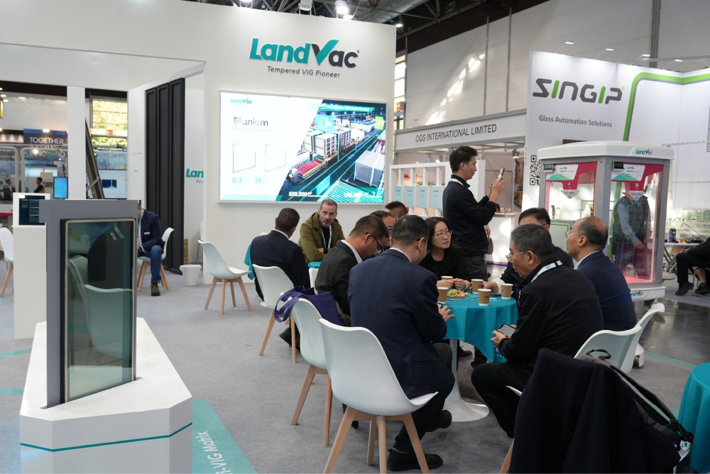Technical presentation area at the LandGlass booth during Glasstec 2026